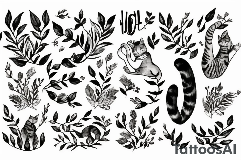 Cute Cat playing with a plant tattoo idea