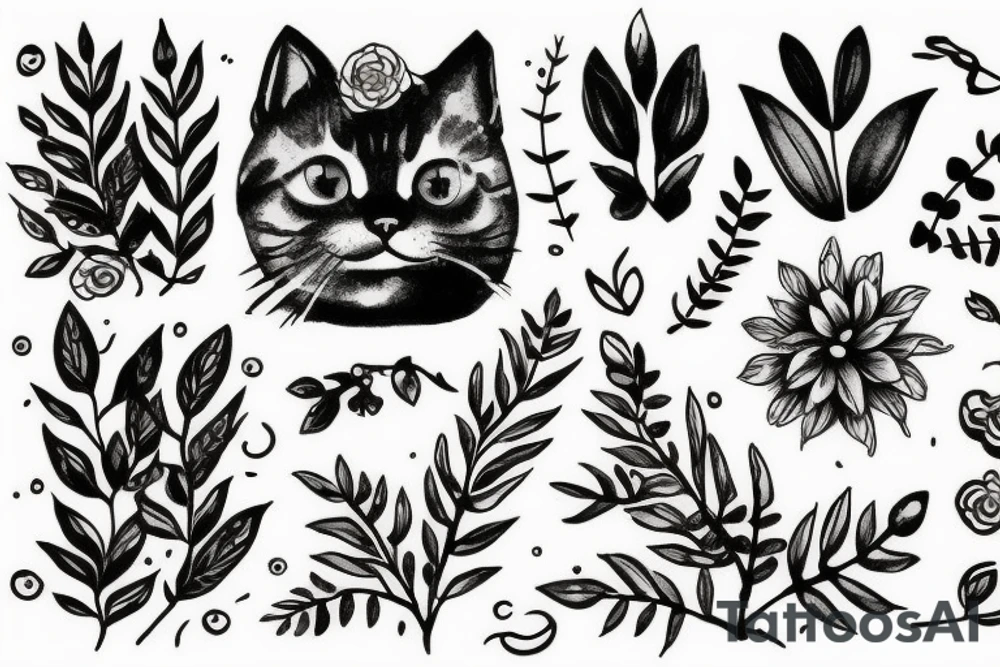 Cute Cat playing with a plant tattoo idea