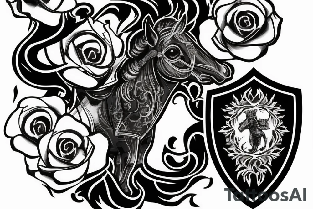 Black horse on shield With 2 roses at the background With text ”vae victis” tattoo idea