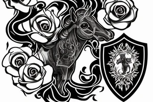Black horse on shield With 2 roses at the background With text ”vae victis” tattoo idea