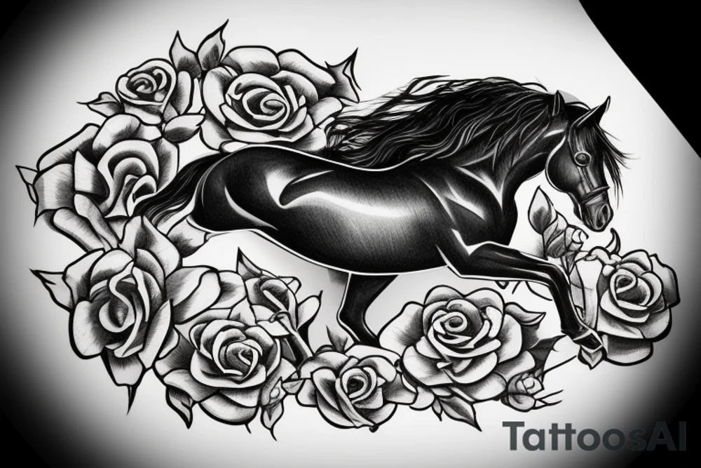 Black horse on shield With 2 roses at the background With text ”vae victis” tattoo idea