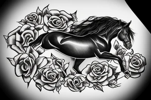 Black horse on shield With 2 roses at the background With text ”vae victis” tattoo idea