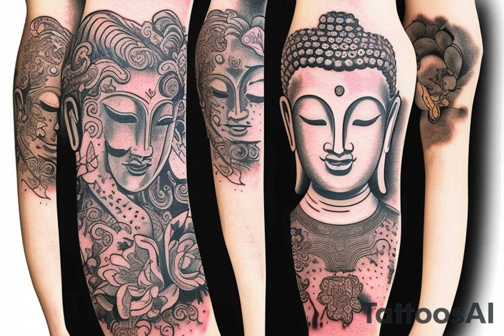 Buddha inside the tree with flower tattoo idea