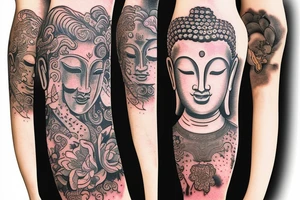 Buddha inside the tree with flower tattoo idea