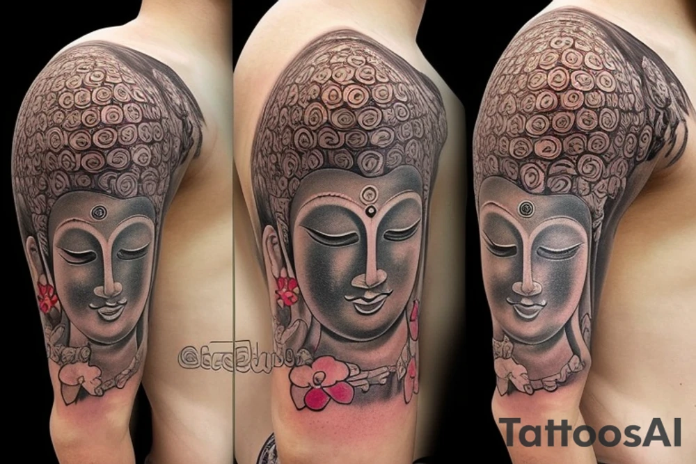 Buddha inside the tree with flower tattoo idea