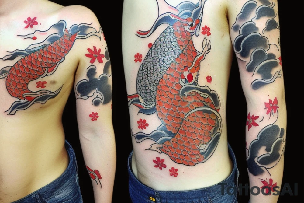Japanese koi fighthing human oniwakamaru tattoo idea
