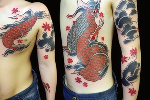 Japanese koi fighthing human oniwakamaru tattoo idea
