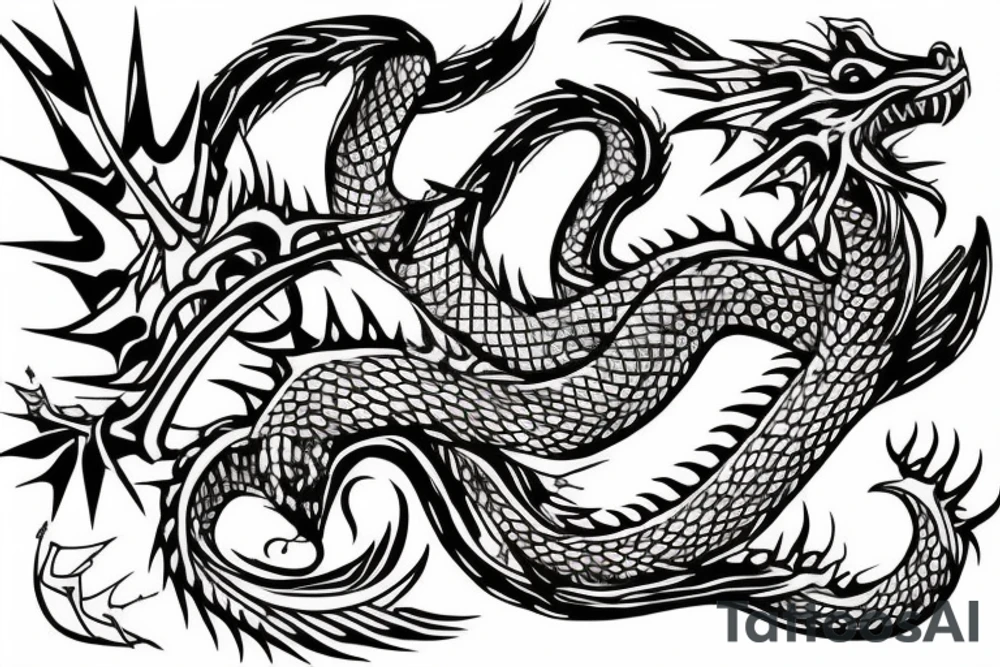 Dragon with flames with heart of spikes tattoo idea