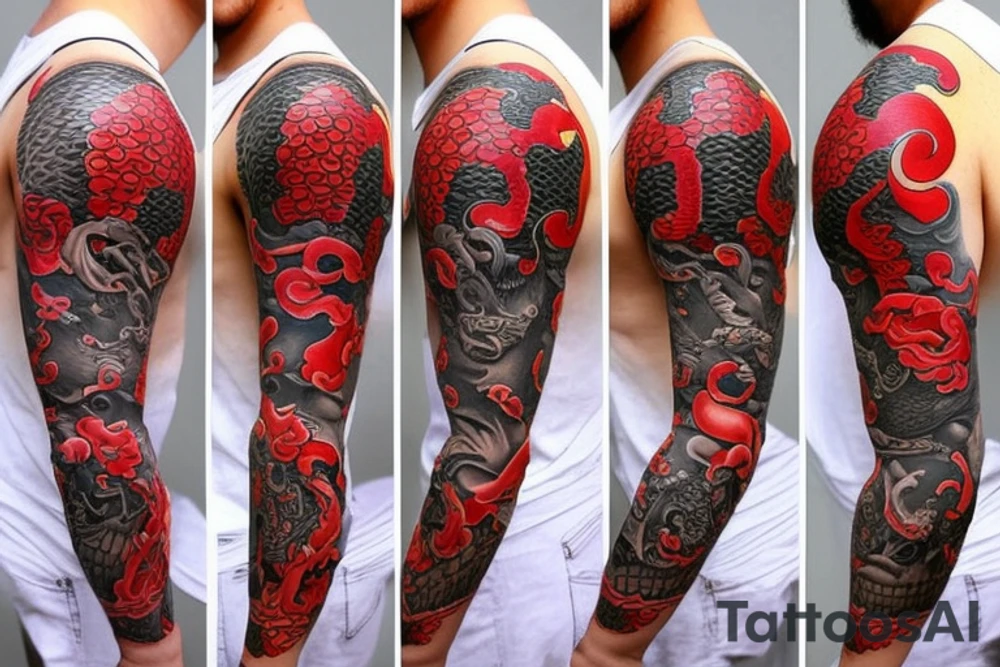 full sleeve tatoo with samurai on the arm and a dragon on the shoulder in red and black colours tattoo idea