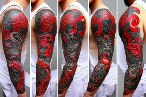 full sleeve tatoo with samurai on the arm and a dragon on the shoulder in red and black colours tattoo idea