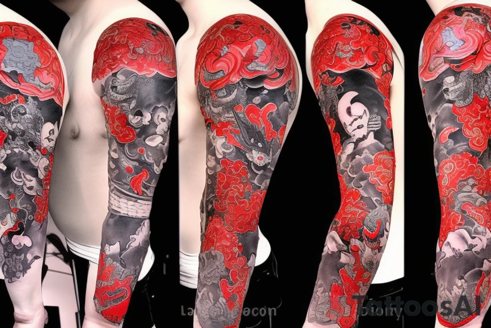 full sleeve tatoo with samurai on the arm and a dragon on the shoulder in red and black colours tattoo idea