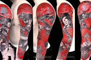 full sleeve tatoo with samurai on the arm and a dragon on the shoulder in red and black colours tattoo idea