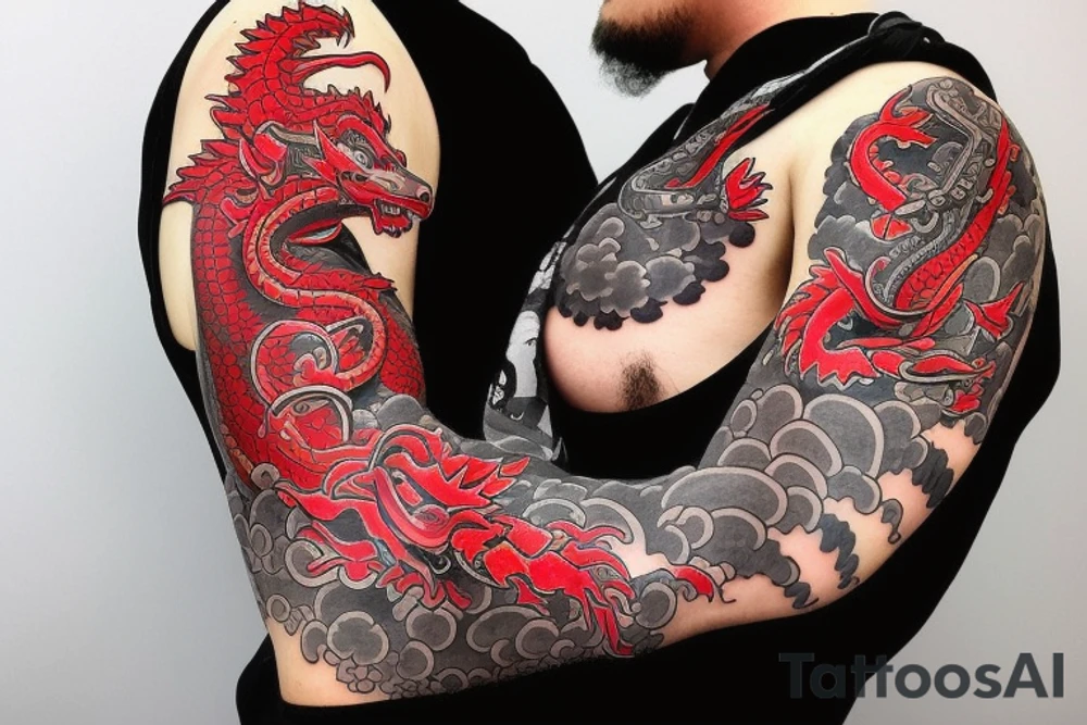 full sleeve tatoo with samurai on the arm and a dragon on the shoulder in red and black colours, cartoon style, close up, high detailed tattoo idea