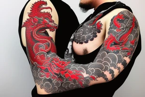 full sleeve tatoo with samurai on the arm and a dragon on the shoulder in red and black colours, cartoon style, close up, high detailed tattoo idea