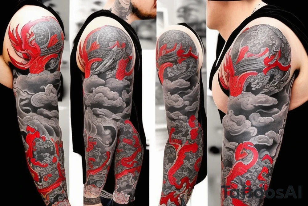 full sleeve tatoo with samurai on the arm and a dragon on the shoulder in red and black colours, cartoon style, close up, high detailed tattoo idea