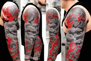 full sleeve tatoo with samurai on the arm and a dragon on the shoulder in red and black colours, cartoon style, close up, high detailed tattoo idea