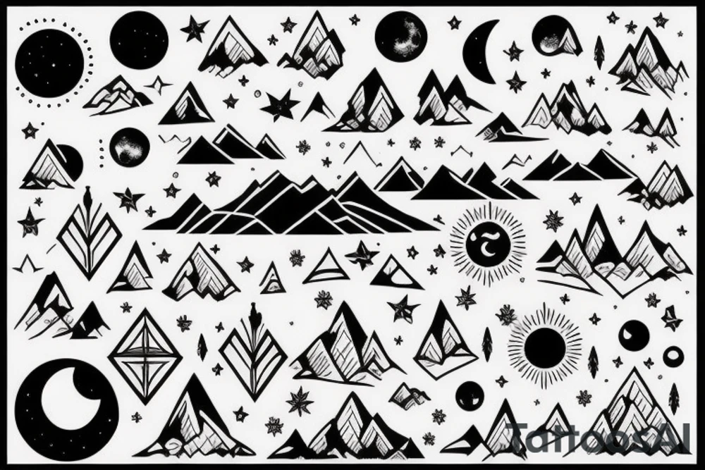 Mountain, moon, stars human tattoo idea