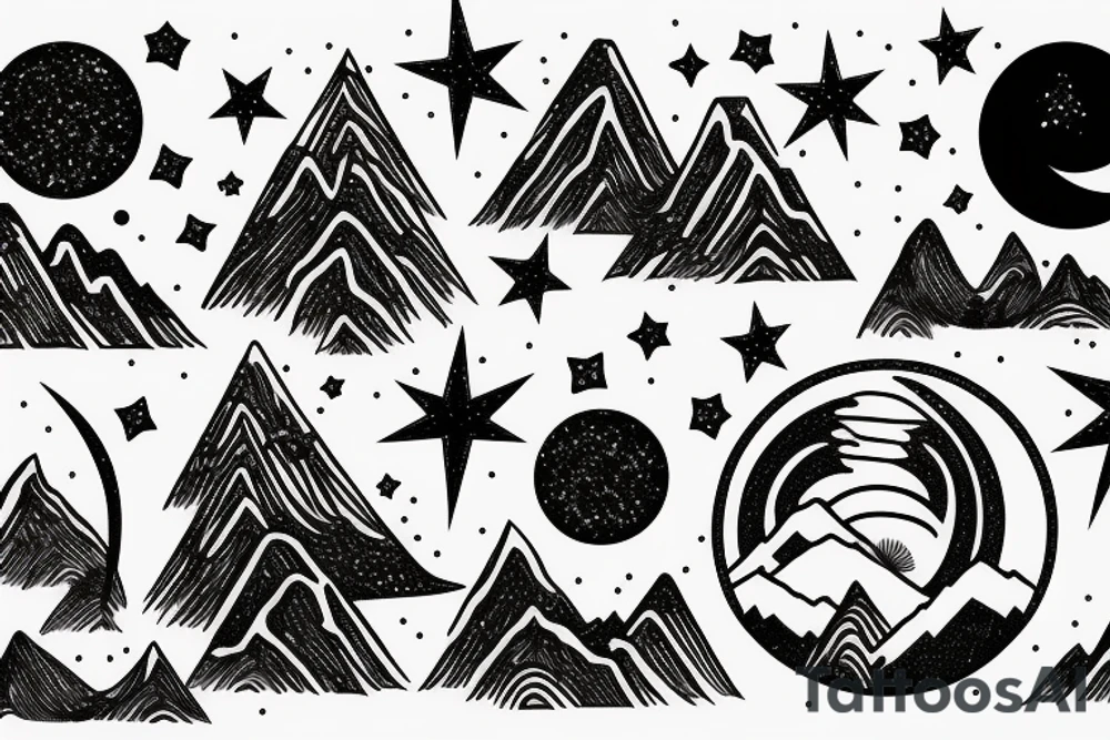 Mountain and moon with the stars on arm tattoo idea