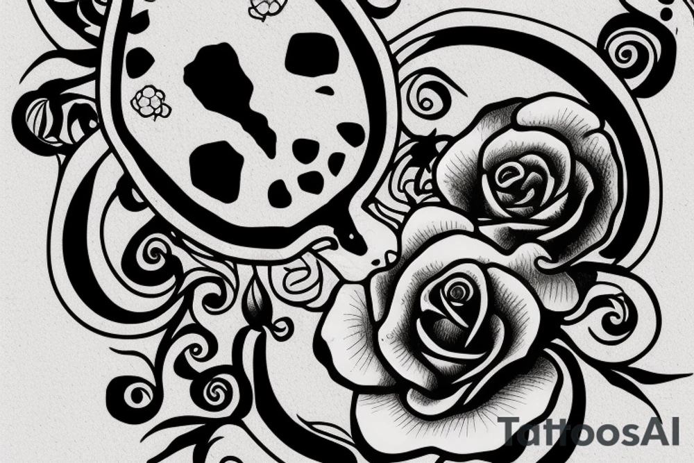 Sea turtle with scull and rose flower. tattoo idea