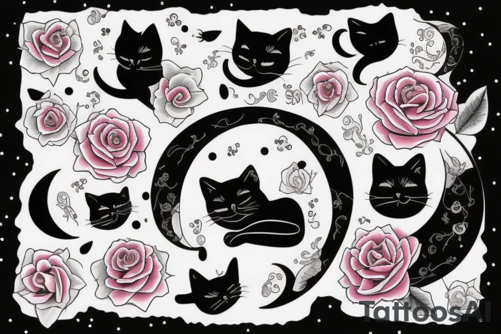 Black cat with roses and moon tattoo idea