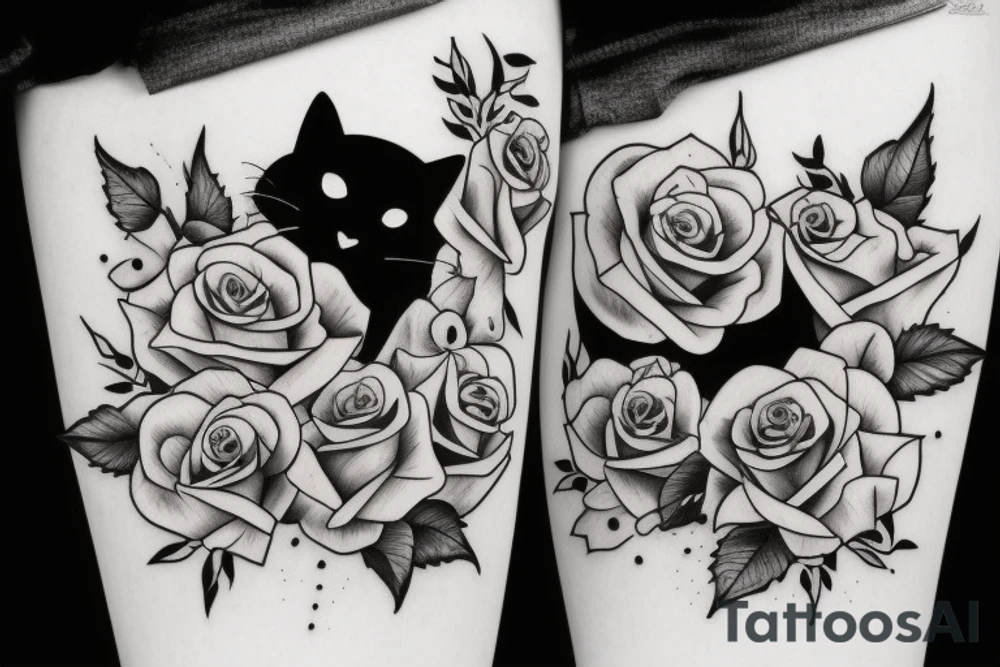 Black cat with roses and moon tattoo idea
