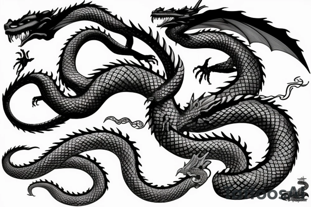 Dragon with scales fighting with a giant snake tattoo idea