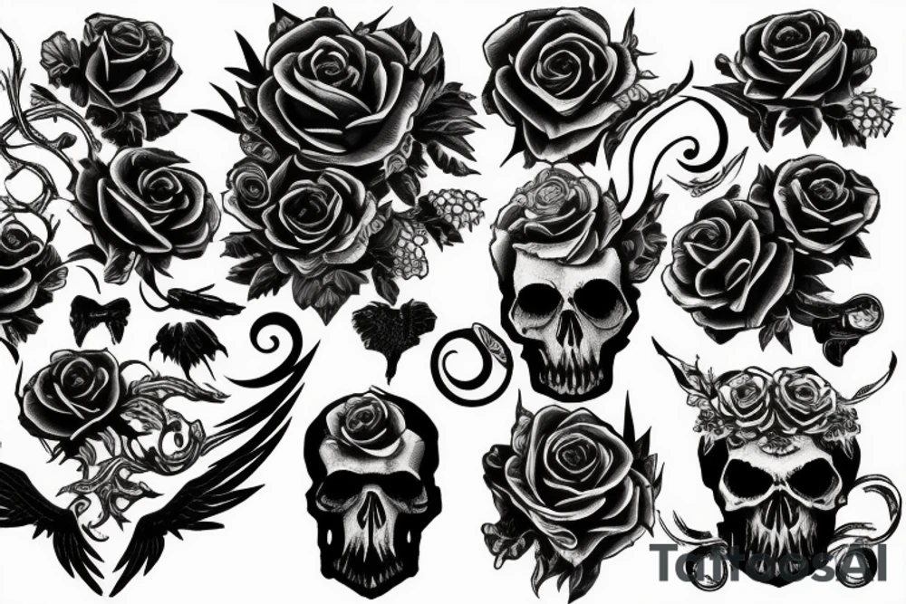 Ravens and skulls with black and red roses gothic tattoo idea