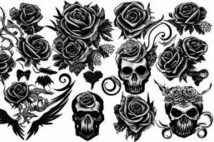 Ravens and skulls with black and red roses gothic tattoo idea
