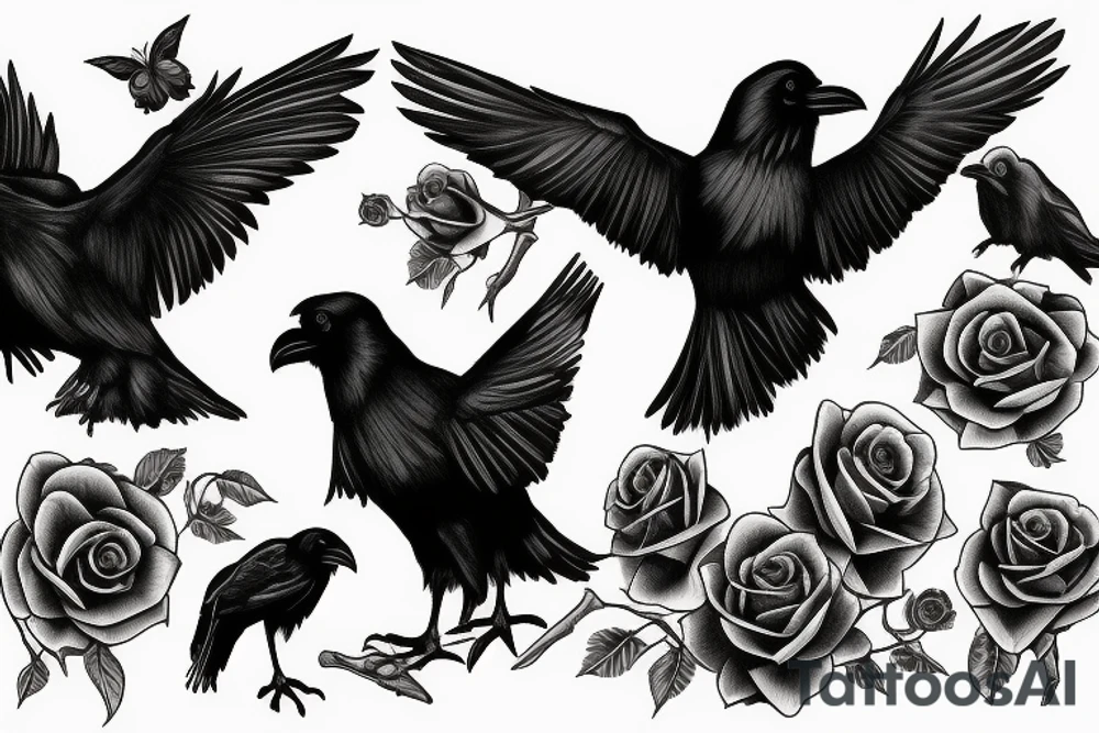 Realistic Ravens with black roses tattoo idea