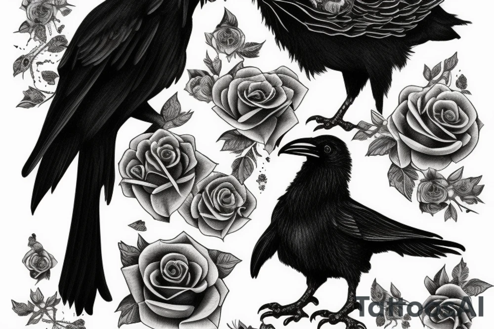 Realistic Ravens with black roses tattoo idea