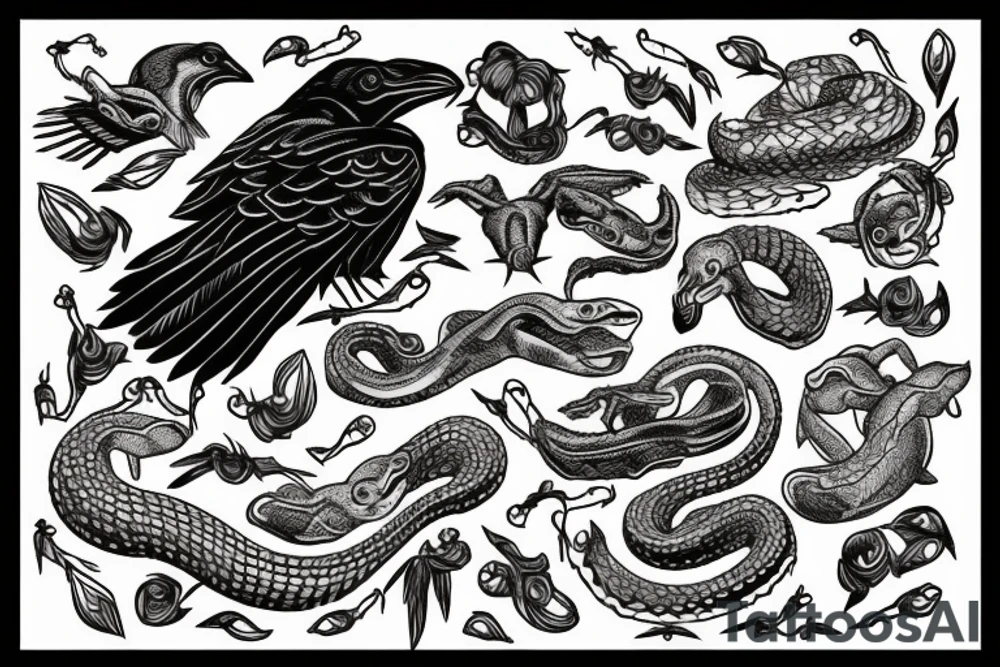 Raven holding a rattle snake tattoo idea