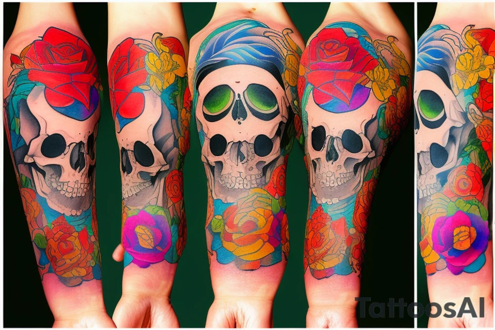 a beautiful girl in a colorful and handsome skull, a lucky dice roll tattoo idea