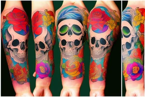 a beautiful girl in a colorful and handsome skull, a lucky dice roll tattoo idea