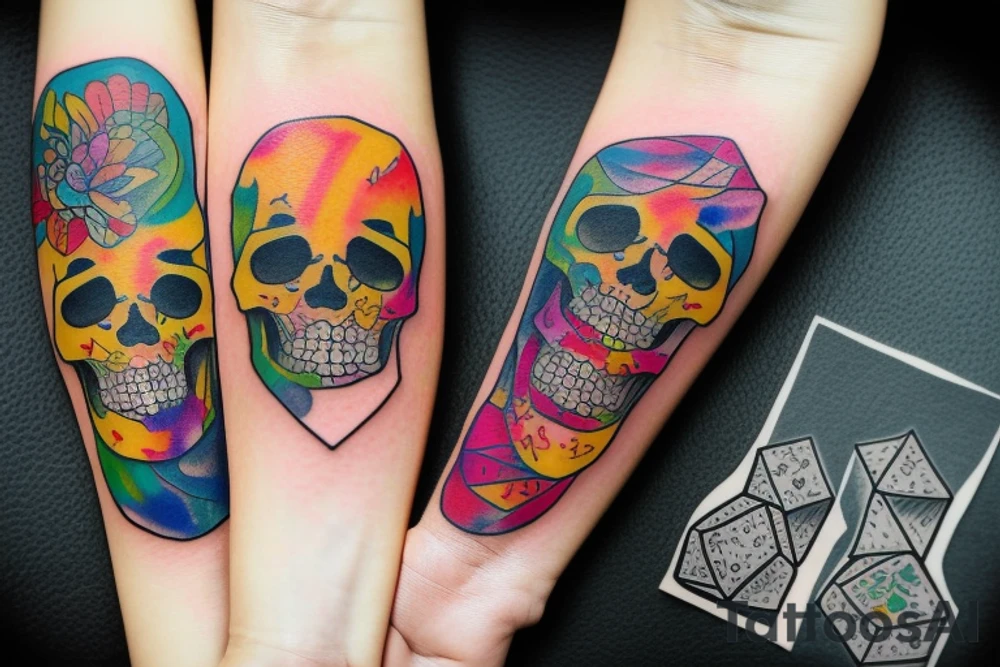 a beautiful girl in a colorful and handsome skull, a lucky dice roll tattoo idea