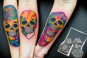 a beautiful girl in a colorful and handsome skull, a lucky dice roll tattoo idea