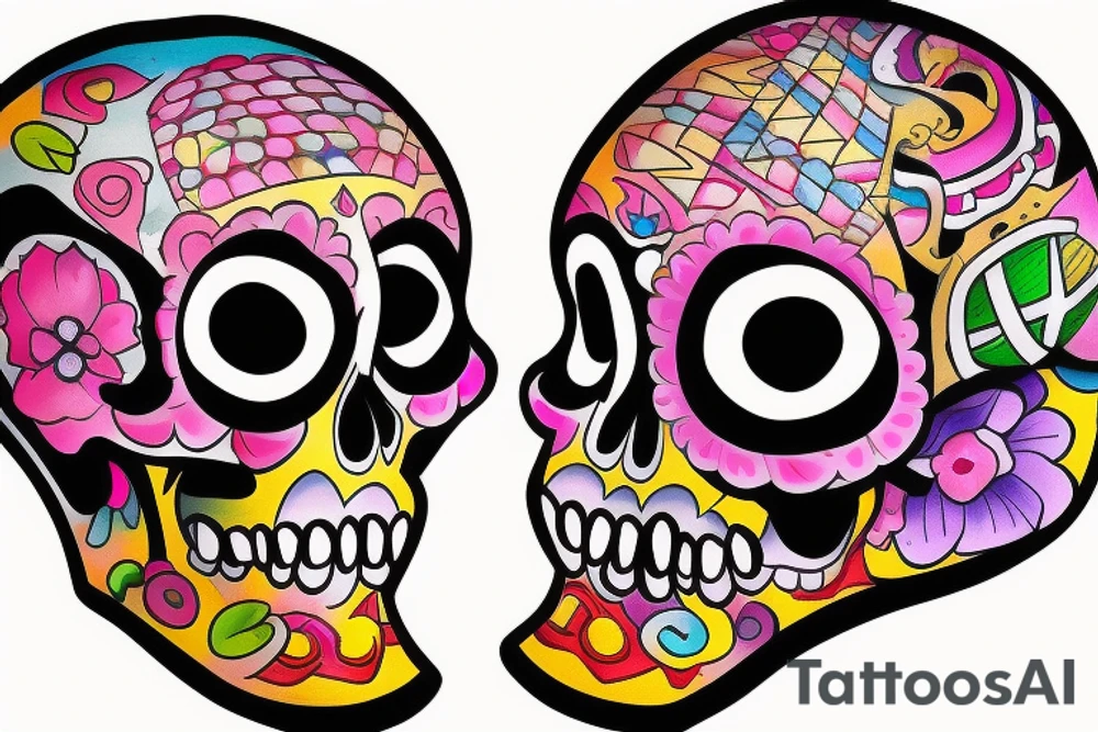 a beautiful girl in a colorful and handsome skull, a lucky dice roll tattoo idea