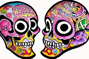 a beautiful girl in a colorful and handsome skull, a lucky dice roll tattoo idea