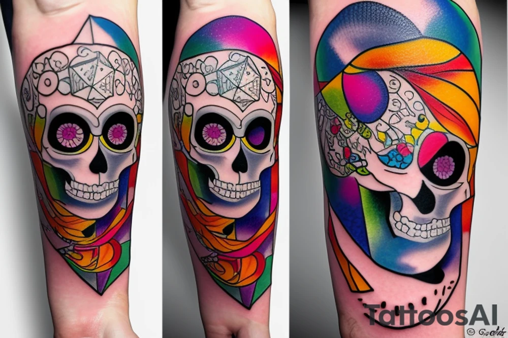 a beautiful girl in a colorful and handsome skull, a lucky dice roll tattoo idea