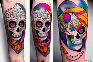 a beautiful girl in a colorful and handsome skull, a lucky dice roll tattoo idea