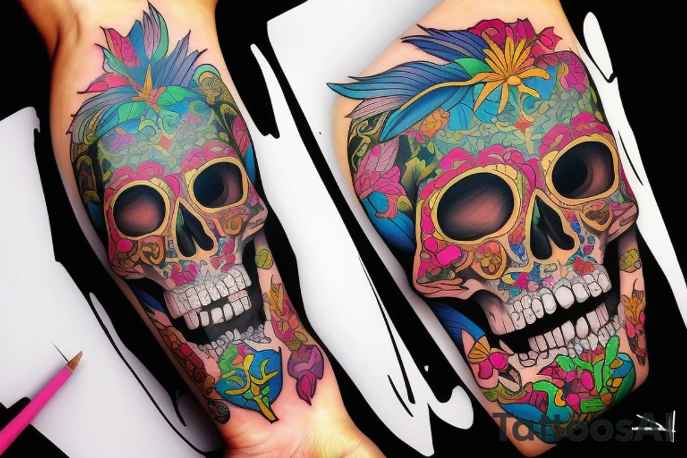 a beautiful girl in a colorful and handsome skull, lucifer tattoo idea