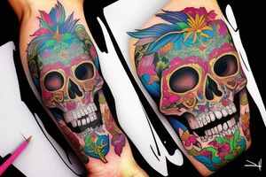 a beautiful girl in a colorful and handsome skull, lucifer tattoo idea