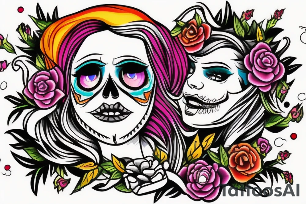 a beautiful girl in a colorful and handsome skull, lucifer tattoo idea
