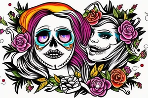 a beautiful girl in a colorful and handsome skull, lucifer tattoo idea