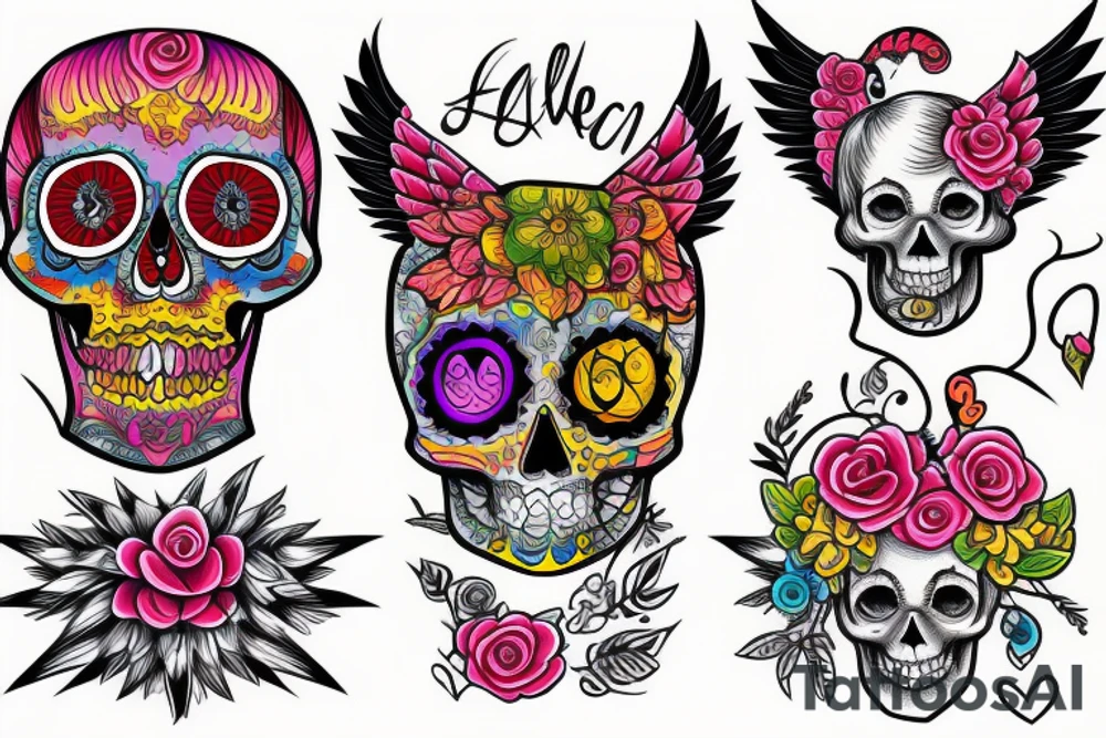 a beautiful girl in a colorful and funny skull, lucifer tattoo idea