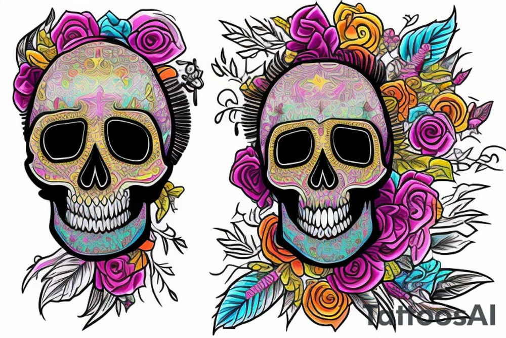 a beautiful girl in a colorful and funny skull, lucifer tattoo idea
