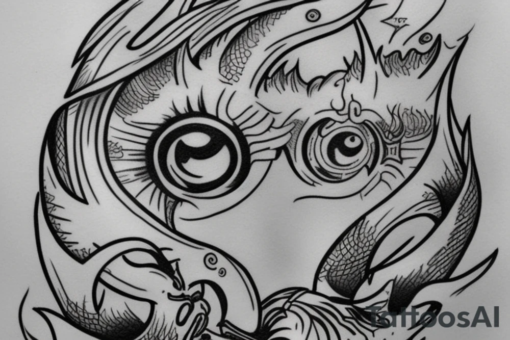 Tattoo design mixing third eye, poseidon, and a shark tattoo idea