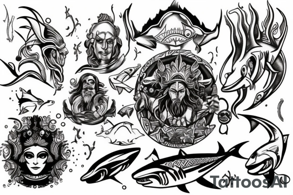Tattoo design mixing third eye, poseidon, and a shark tattoo idea