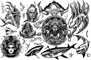 Tattoo design mixing third eye, poseidon, and a shark tattoo idea