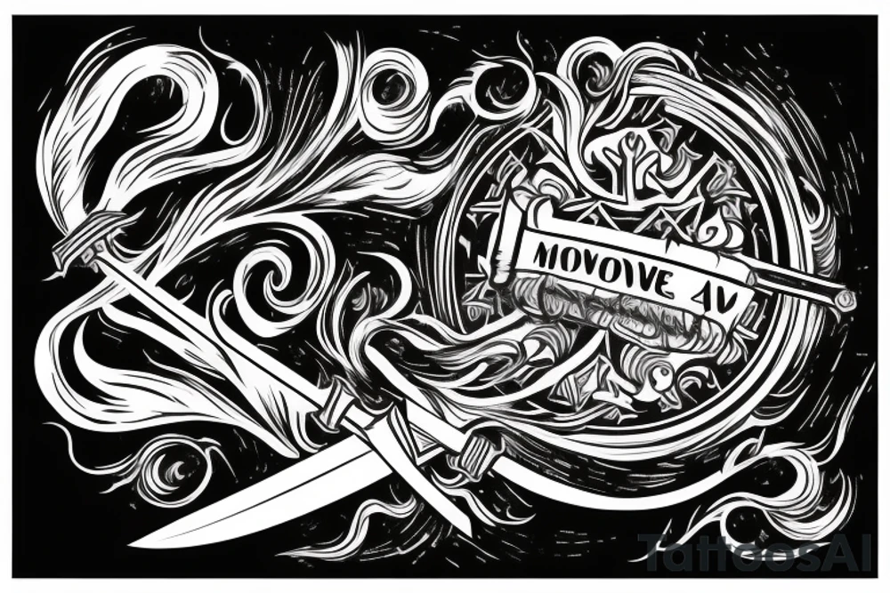 horizontal sword with words “you wake the movement” swirling around it tattoo idea