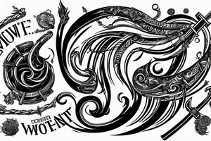 horizontal sword with words “you wake the movement” swirling around it tattoo idea